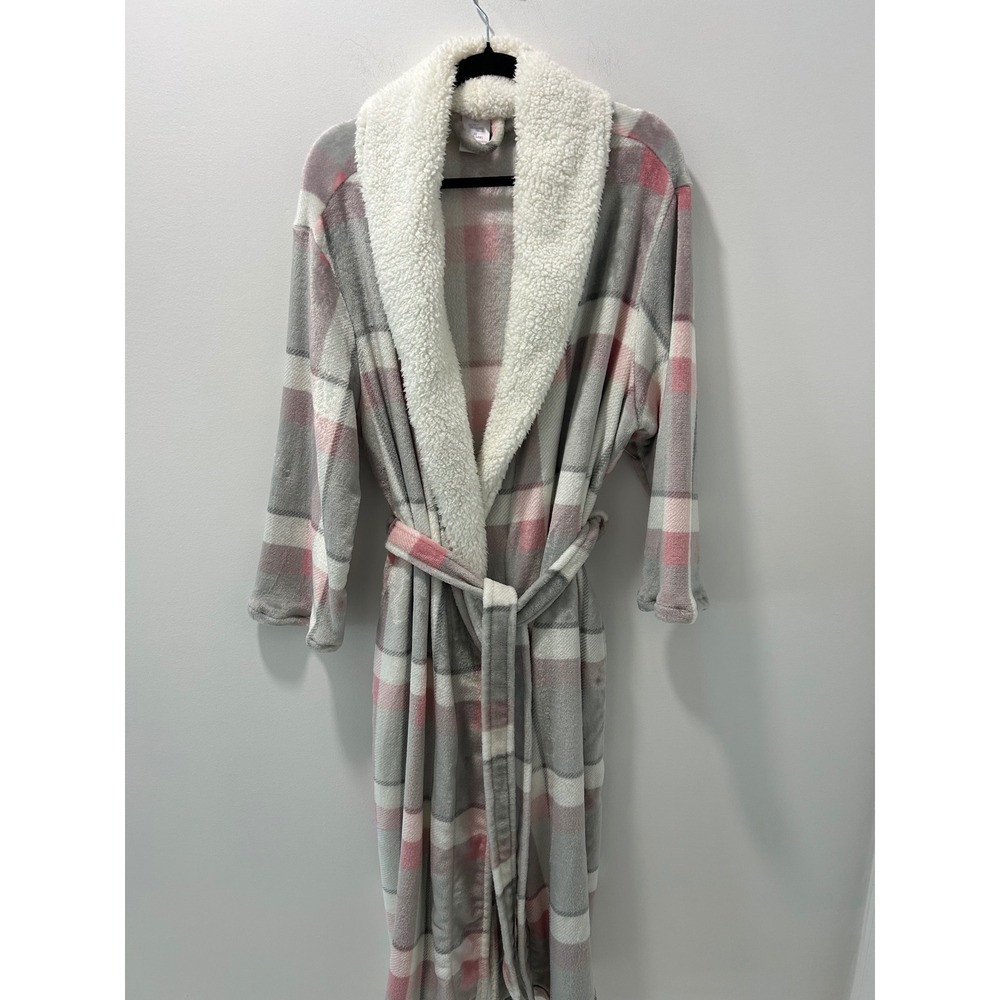Secret Treasures Pink Grey Plaid Plush Robe Sherpa Collar 3X 22W-24W Loungewear